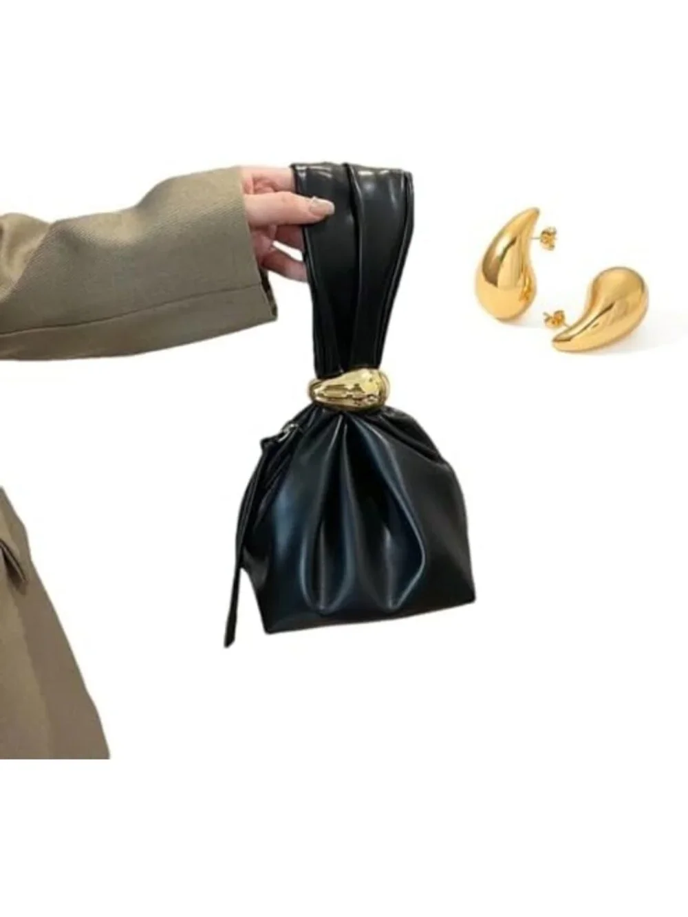 Chic Small PU Wristlet Purse for Women with Gold Accents & Stylish Earring